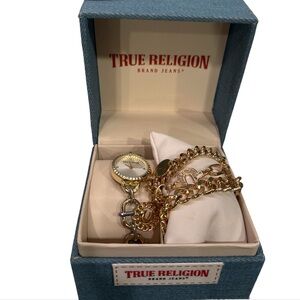 TRUE RELIGION New Double Link Round Chain Watch 3 Chain Charm Bracelet Box Set